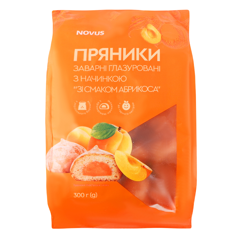 Пряники заварні глазуровані з начинкою Зі смаком абрикоса Novus м/у