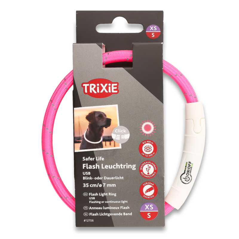Нашийник д/собак рожевий з підсвічуванням та USB 7мм 35см Тріксі