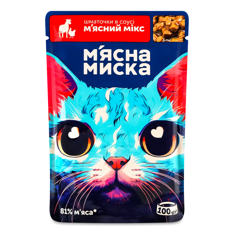 Корм д/дорослих котів Шматочки М”ясний мікс в соусі 100г пауч М”ясна миска