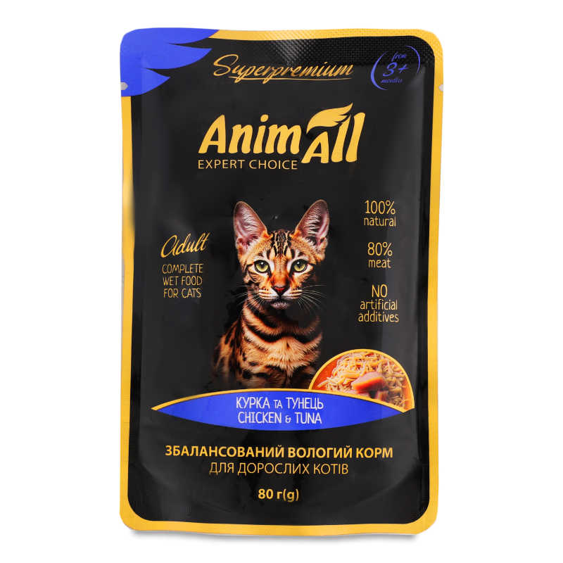 Корм д/дорослих котів Тунець з куркою 80г пауч AnimAll