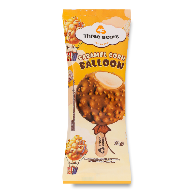 Морозиво Caramel corn Balloon глазуровано-декороване ескімо 55г Three bears