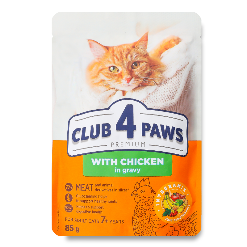 Корм д/дорослих котів від 7років Premium з куркою в соусі 85г пауч Club 4 Paws
