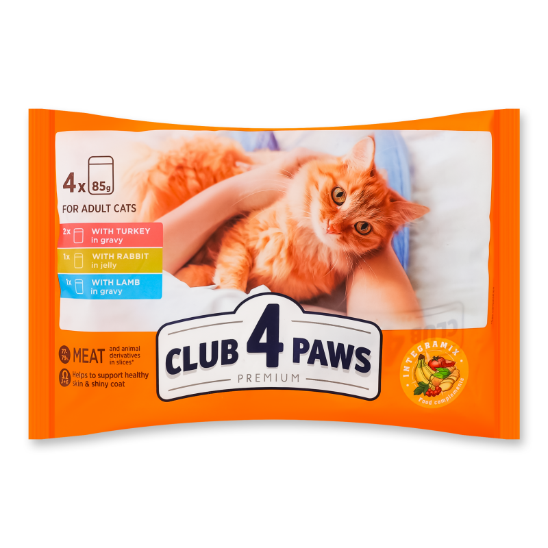 Корм д/дорослих котів Premium Індичка Кролик Ягня 4*85г пауч Club 4 Paws