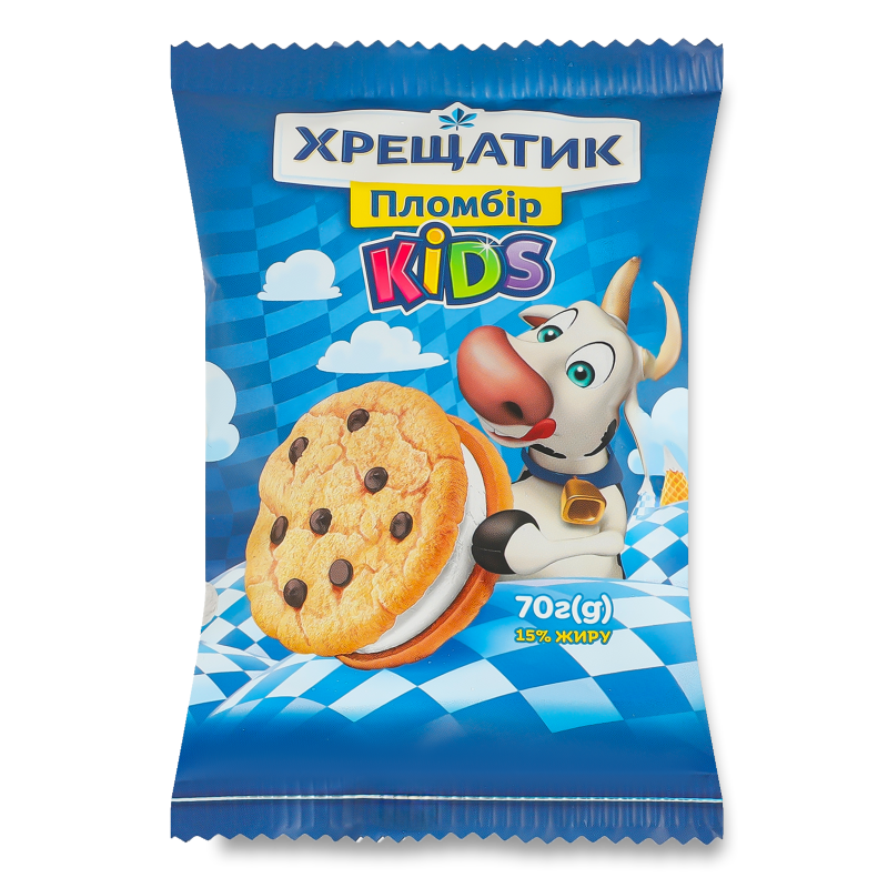 Морозиво-сендвіч Пломбір Кідс на печиві з дропсами 70г Хрещатик
