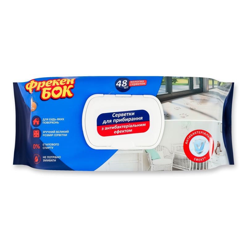 Серветки вологі д/прибирання Універсальні Антибактеріальні 48шт з клапаном Фрекен Бок