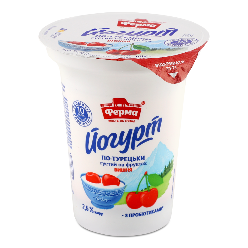 Йогурт По-турецьки на фруктах Вишня 2,6% 280г стакан Ферма