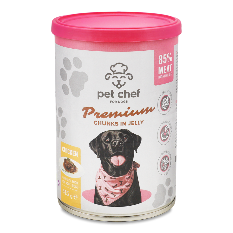 Корм д/дорослих собак Premium шматочки з куркою в желе 415г ж/б Pet Chef