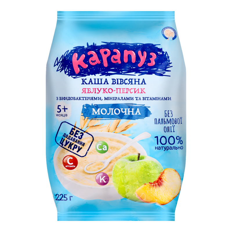 Каша молочна вівсяна для дітей від 5міс Яблуко-персик Карапуз м/у