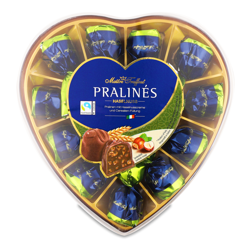 Цукерки Серце Праліне з горіховою начинкою та злаками в молочному шоколаді 165г Метр Трюффо
