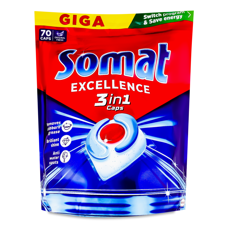 Засіб д/миття посуду в посудомийних машинах Excellence 3в1 70*18,1г капсули Somat
