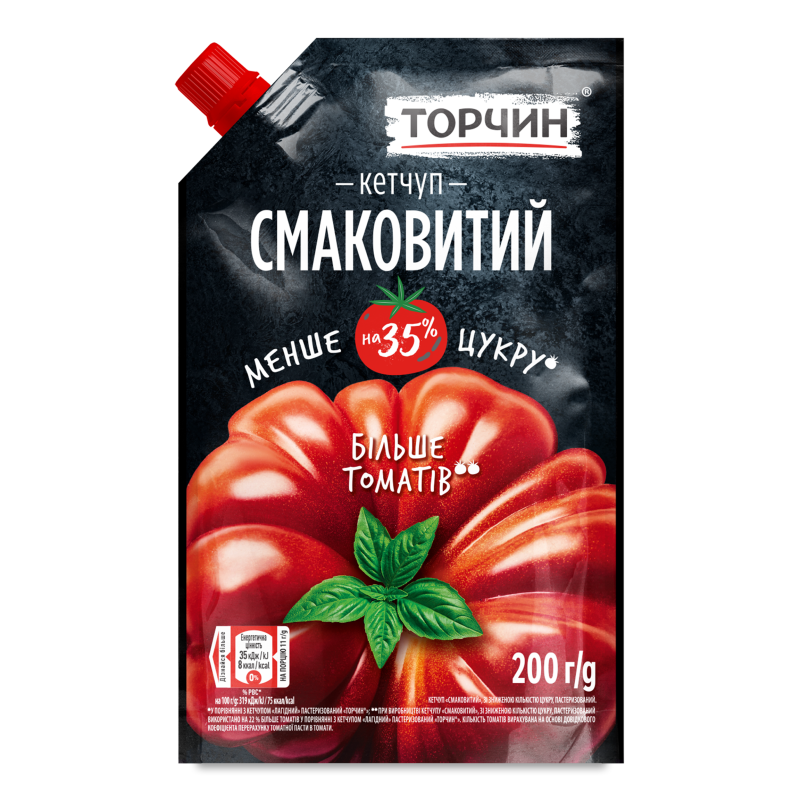 Кетчуп Смаковитий з зниженою кількістю цукру 200г д/п Торчин