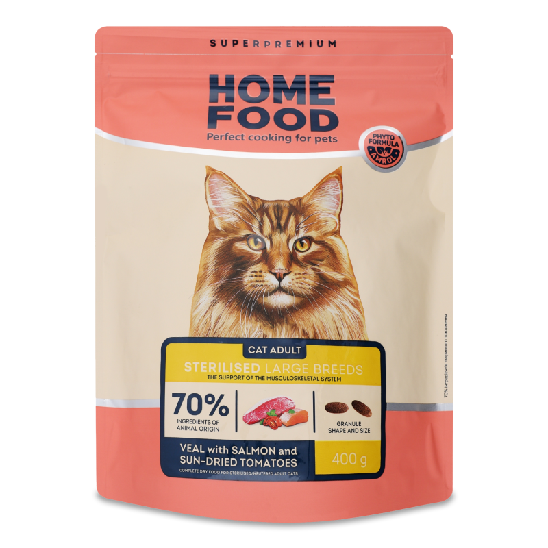 Корм д/дорослих стерилізованих котів великих порід Телятина з лососем та в”яленими томатами сухий 400г Хоум Фуд