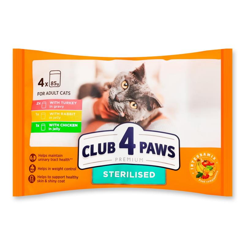 Корм д/стерилізованих котів Premium Індичка Кролик Курка 4*85г пауч Club 4 Paws