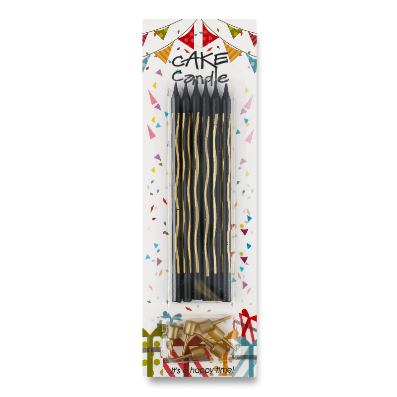 Свічка чорна золотий дизайн з підставкою 13см 6шт в асортименті KYYW178