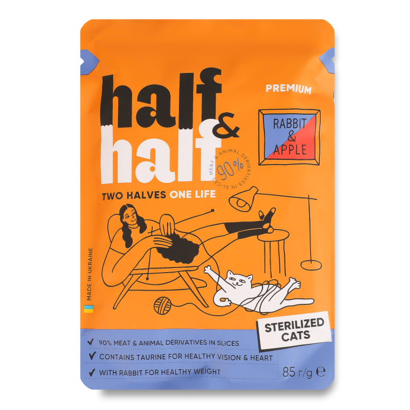 Корм д/стерилізованих котів з кроликом та яблуком в желе 85г пауч Half&Half