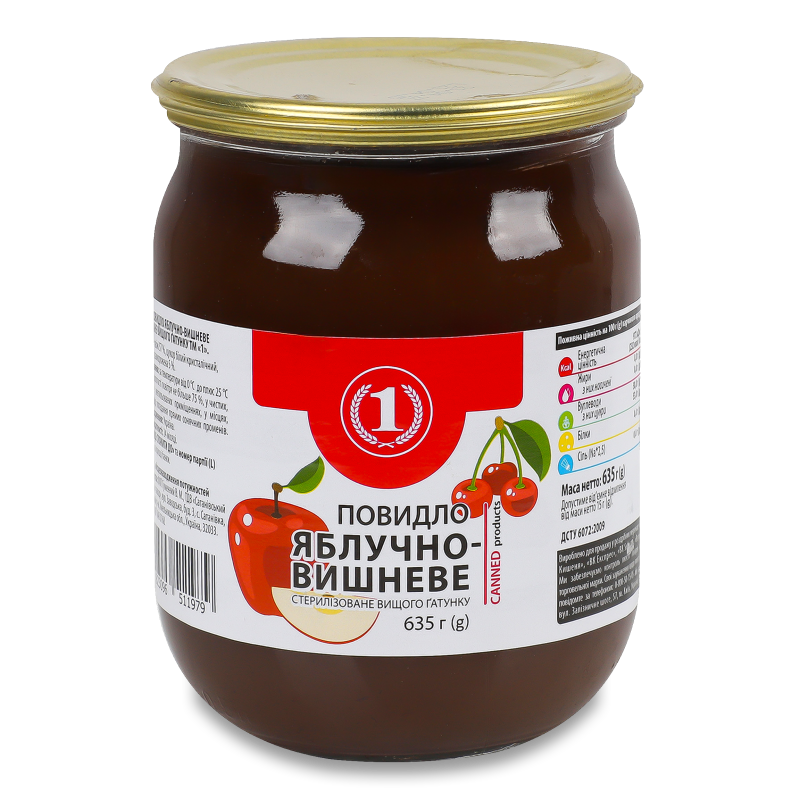 Повидло Яблучно-вишневе в/г стерилізоване 635г скло ТМ “1”