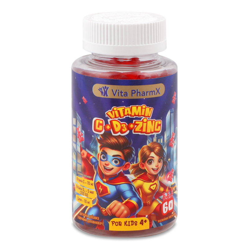Добавка дієтична д/дітей C+D3+Zinc від 4років 60пастилок жувальних Vita PharmX