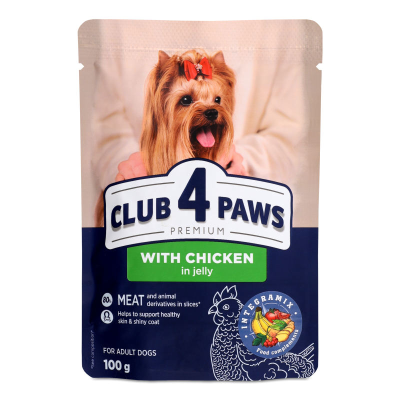 Корм д/дорослих собак малих порід Преміум з куркою в желе 100г пауч Клуб 4 лапи