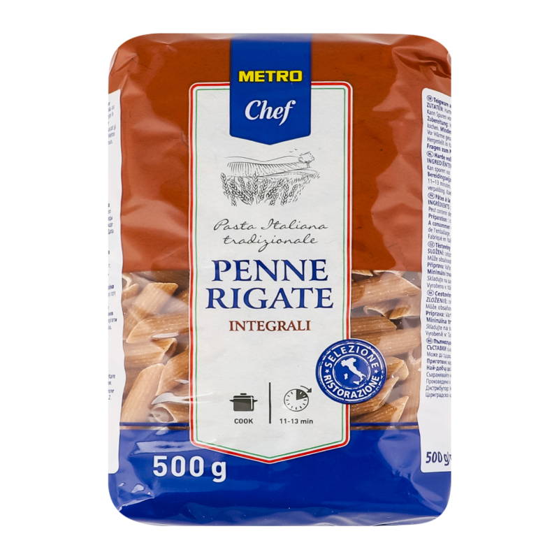 Паста из цельной пшеницы твердого сорта семолина Penne rigate Metro Chef м/у