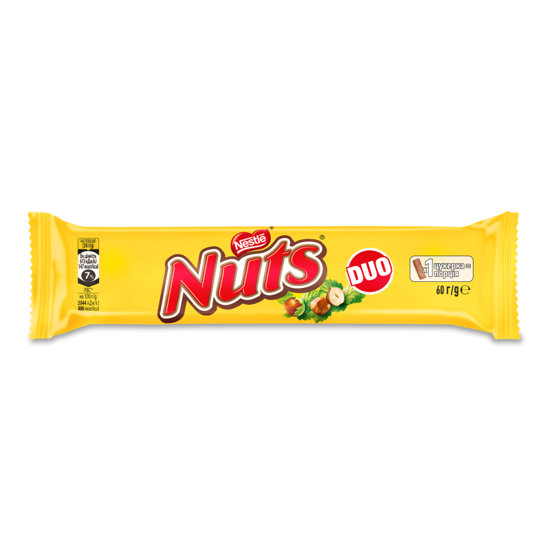 Батончик Duo шоколадний з цілими лісовими горіхами 2*30г Nuts