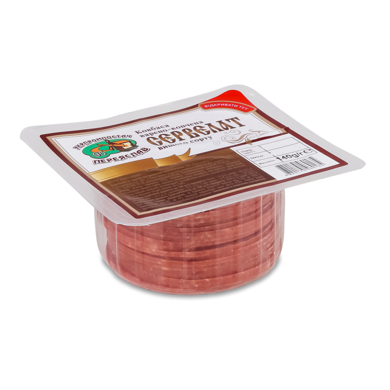 Ковбаса Сервелат в/к в/г нарізка 140г газ/уп Укрпромпостач-95