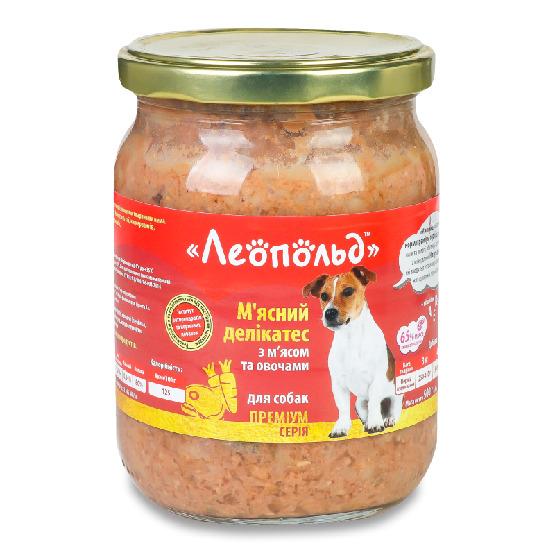 Корм д/собак М”ясний делікатес Преміум серія з м”ясом та овочами 500г твіст/б Леопольд