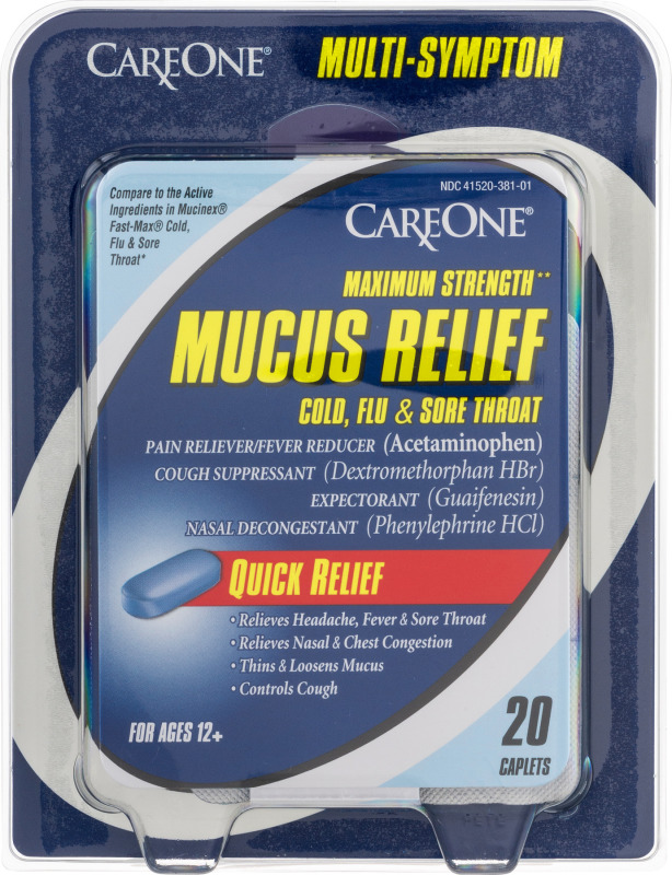 CareOne Mucus Relief Cold, Flu & Sore Throat Maximum Strength Caplets