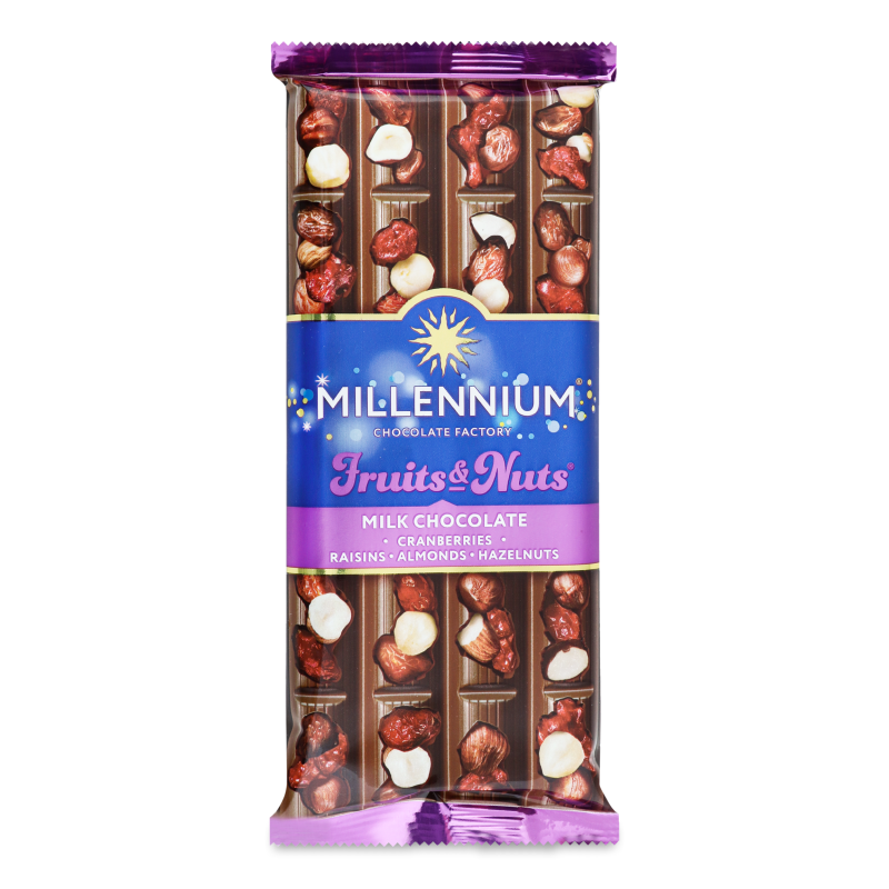 Шоколад Fruits&Nuts молочний з мигдалем цілими лісовими горіхам журавлиною та родзинками 90г Millennium