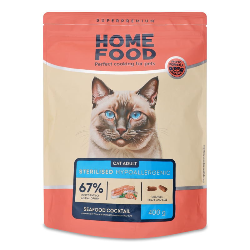 Корм д/дорослих стерилізованих котів Гіпоалергенік Морський коктейль сухий 400г Хоум Фуд