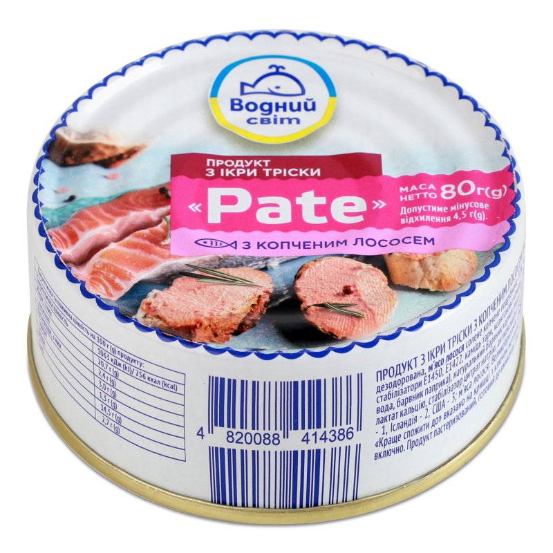 Продукт з ікри тріски Пате з копченим лососем 80г ж/б з ключем Водний світ