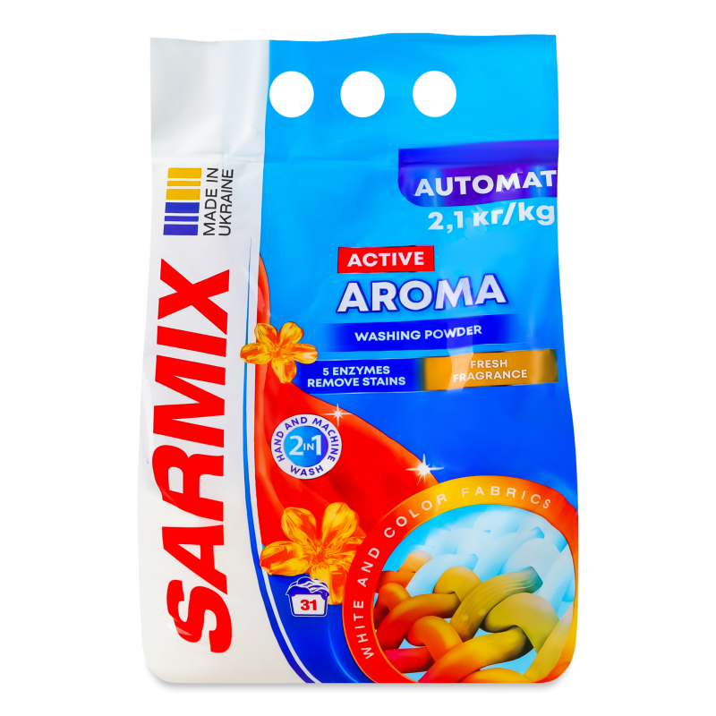 Засіб мийний синтетичний порошкоподібний Active Aroma д/всіх типів прання 2,1кг Sarmix