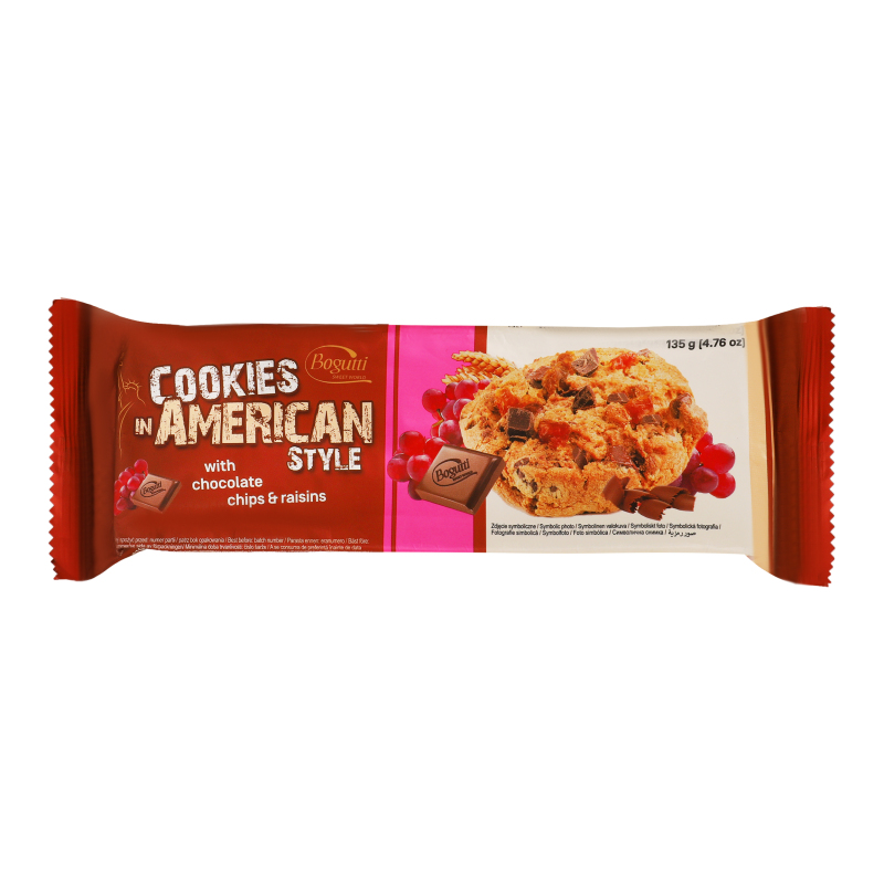 Печиво хрустке зі шматочками шоколаду та родзинками American style Bogutti м/у