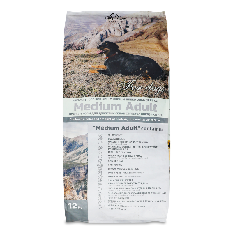Корм д/собак середніх порід Медіум Едалт з куркою та палтусом сухий 12кг Карпатіан Пет Фуд