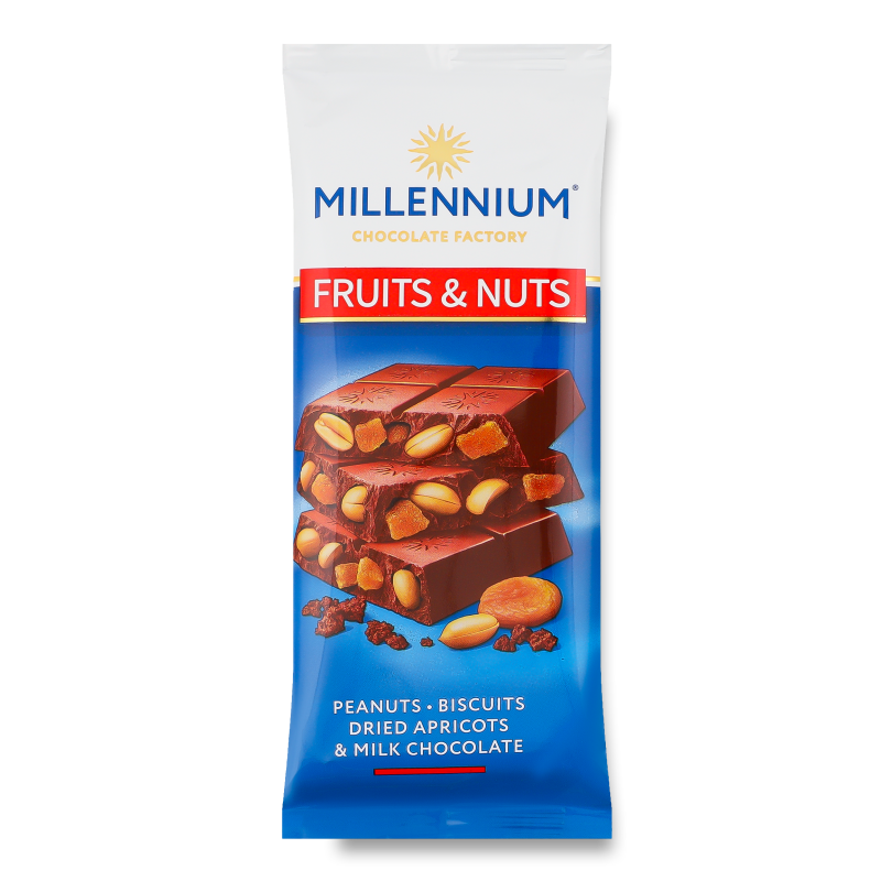 Шоколад Fruits&Nuts молочний з арахісом бісквітом курагою та мигдалем 90г Millennium