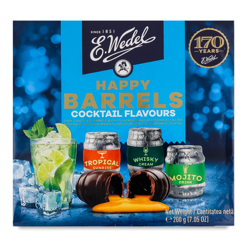Цукерки Хеппі баррелз з чорного шоколаду з алкогольно-коктейльним наповнювачем 200г Е. Ведель