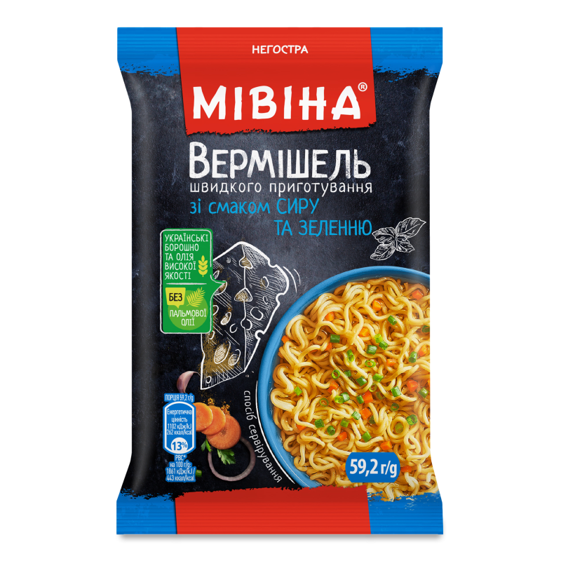Вермішель швидкого приготування з смаком сиру та зеленню негостра 59,2г Мівіна