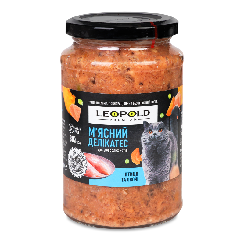 Корм д/котів М’ясний делікатес Преміум беззерновий з птицею та овочами 400г твіст/б Леопольд