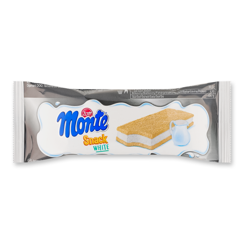 Тістечко бісквітне Monte Snack White з вершковим наповненням молока 29г Zott
