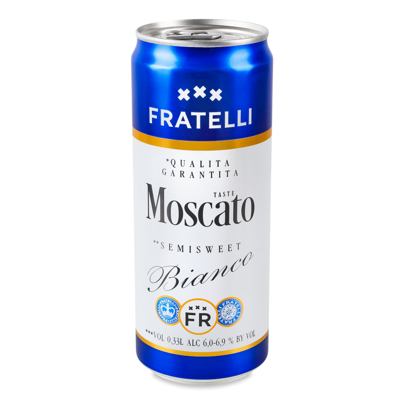 Напій винний Moscato Bianco білий н/солодкий газований 6-6,9% 330мл ж/б Fratelli