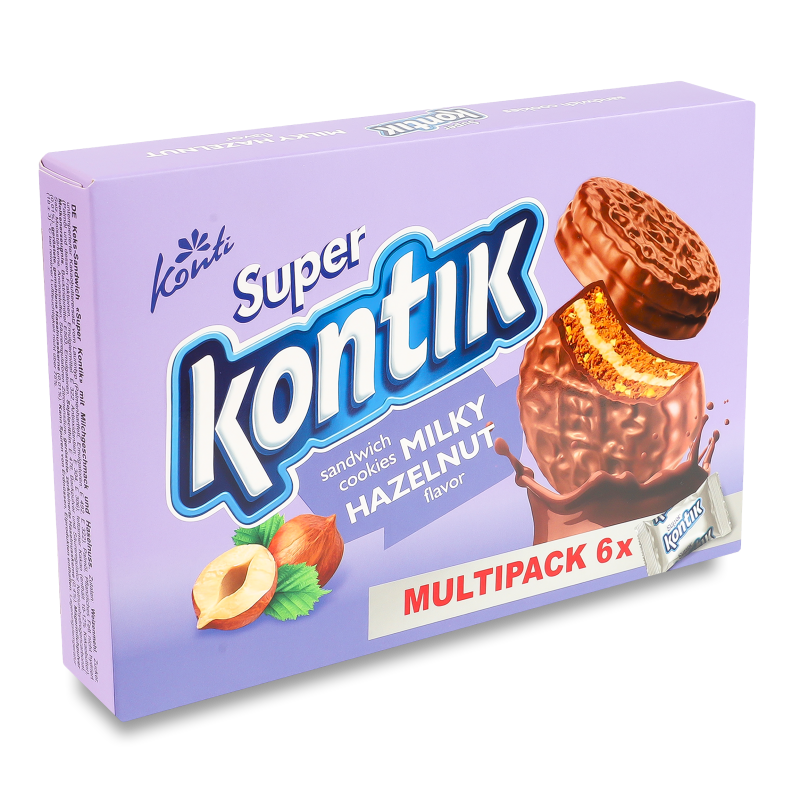 Печиво-сендвіч Super Kontik молочний з смаком фундука 6*45г Konti