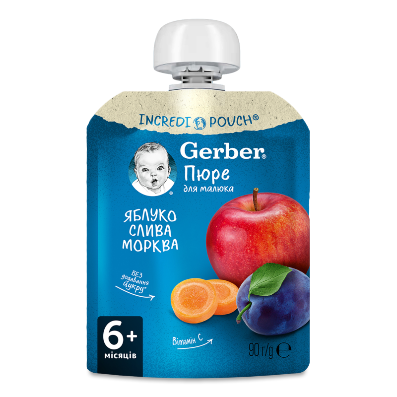 Пюре фруктово-овочеве Яблуко слива морква від 6місяців 90г пауч Гербер
