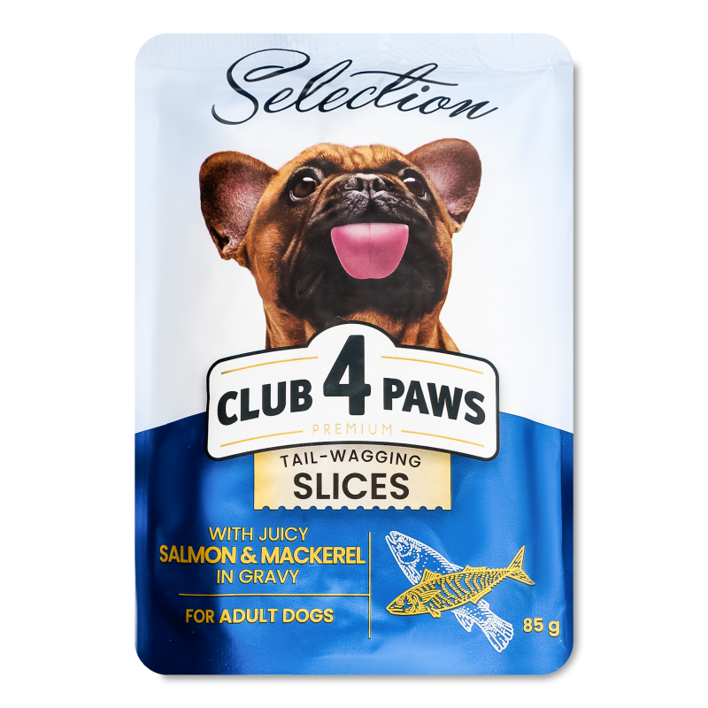 Корм д/дорослих собак малих порід Преміум Селекшн шматочки з лососем та макреллю в соусі 85г пауч Клуб 4 лапи