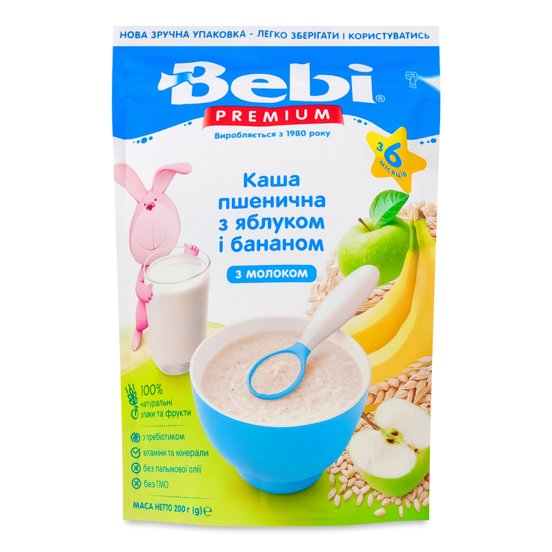 Каша молочна Premium пшенична з яблуком та бананом від 6місяців 200г зіп/пакет Bebi