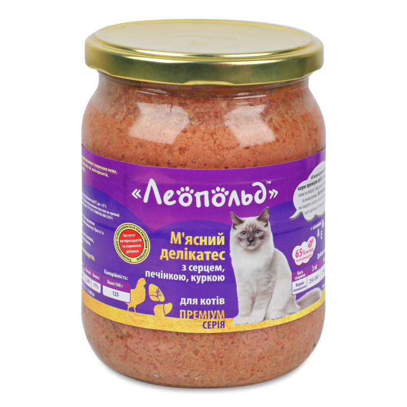Корм д/котів М”ясний делікатес Преміум серія з серцем печінкою та куркою 500г твіст/б Леопольд