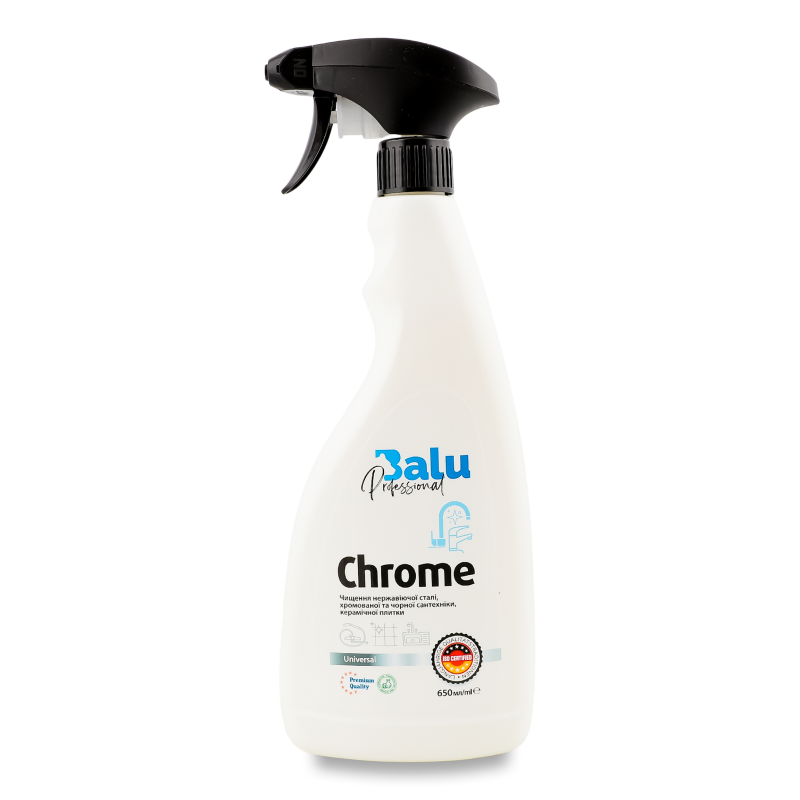 Засіб д/чищення нержавіючої сталі та хромованої та чорної сантехніки керамічної плитки Хром 650мл з розпилювачем Балу