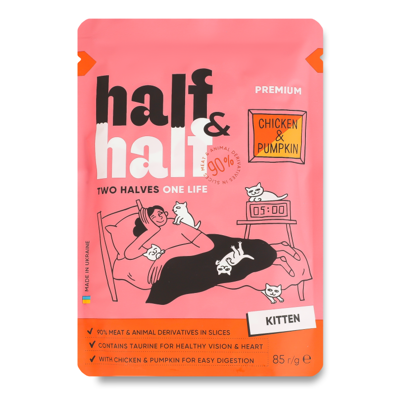 Корм д/кошенят з куркою та гарбузом в соусі 85г пауч Half&Half