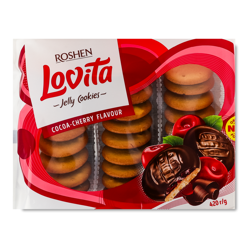 Печиво Ловіта Джеллі з какао та желейною начинкою з смаком вишні 420г Рошен