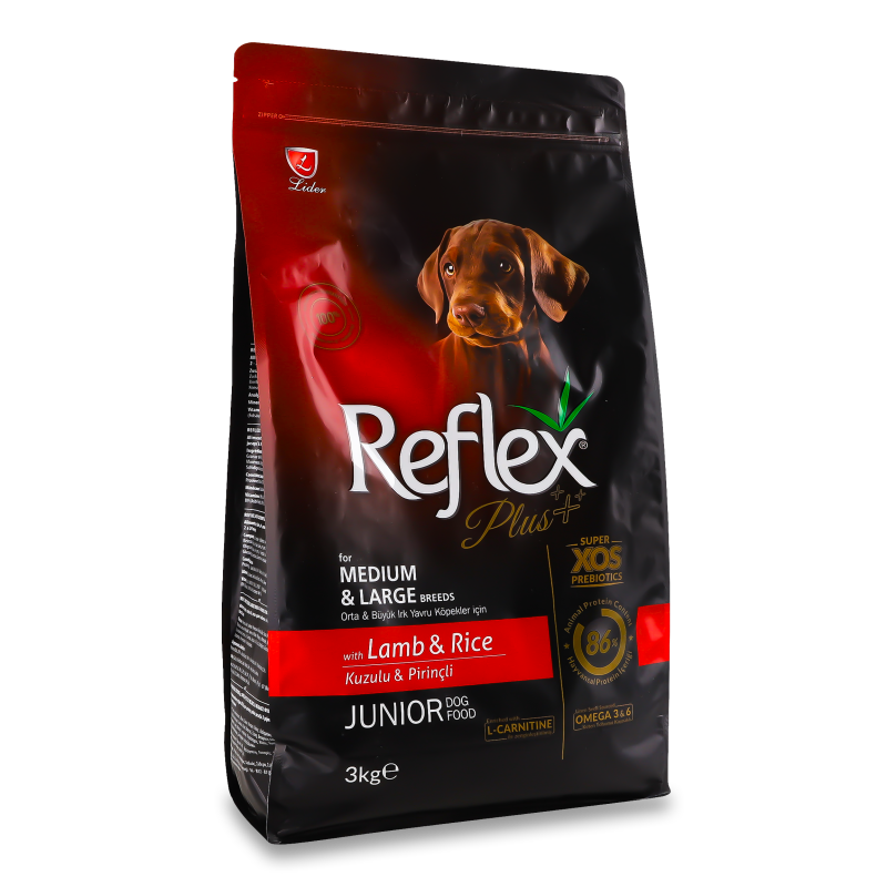 Корм д/цуценят середніх та великих порід з ягням та рисом сухий 3кг Reflex Plus