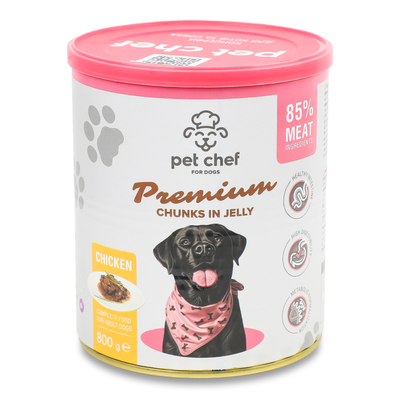 Корм д/дорослих собак Premium шматочки з куркою в желе 800г ж/б Pet Chef