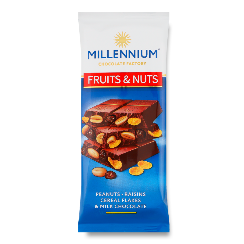Шоколад Fruits&Nuts молочний з арахісом родзинками злаковими пластівцями та мигдалем 90г Millennium